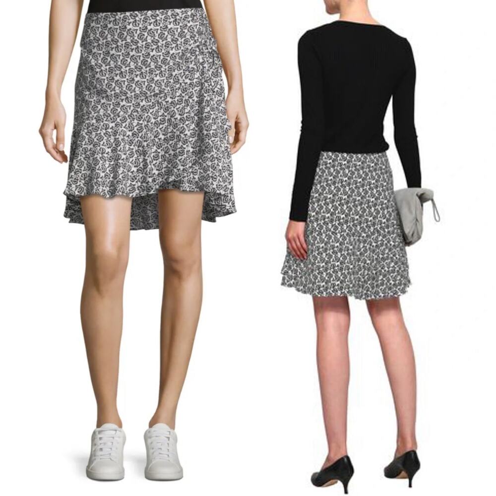 ALC Farrow Silk Mini Skirt Flounce Floral Print White Black Womens 6